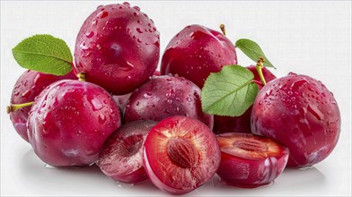 Vibrant red plums (Prunus Domestica) with moisture and green leaves, presenting a fresh and natural