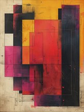 Abstract geometric composition with overlapping rectangles in red, orange, and black hues,