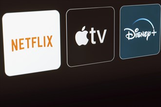 In this photo illustration the Netflix, Apple TV and Disney Plus logo is displayed on a TV screen