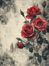 Red roses with vintage sketches of Big Ben, creating an antique and elegant atmosphere, AI