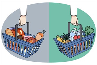 Shopping baskets with healthy and unhealthy food. Nutritious wholesome and harmful junk meal choice