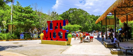 Tulum Mexico 19. August 2023 Big red sign lettering writing Tulum Magico in Tulum Quintana Roo