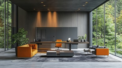 Contemporary office with dark tones and vibrant orange accents, featuring panoramic windows and