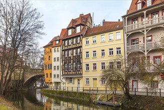 Bamberg, Germany, February 19, 2017: Bamberg city center street view with colorful houses, Europe