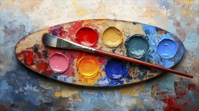 Wooden palette with vibrant thick paint and a brush on an abstract textured background, AI