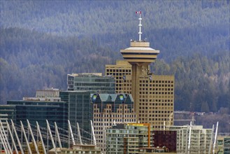 Vancouver, British Columbia, Canada. Apr 13, 2024. The captivating sight of the Harbour Centre in