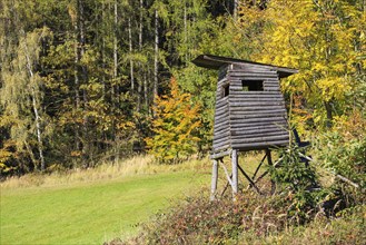 Wooden lookout tower for hunting in the woods and trees with colored leaves in autumn
