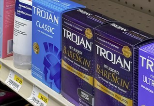 Calgary, Alberta, Canada. Oct 17, 2023. A few boxes of Trojan Condoms at a store. A brand name of