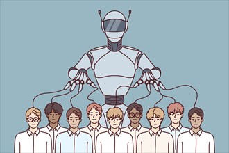 Robot manipulates crowd of people using puppeteer strings and symbolizing problems caused by