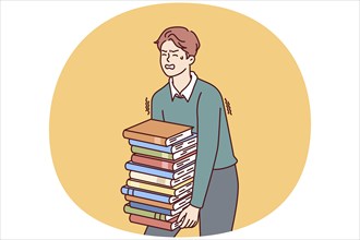 Exhausted man carries large stack of books suffering from overload while preparing for exams. Guy