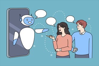 People talk to robotics online support on smartphone. Client use chatbot or humanoid robot internet