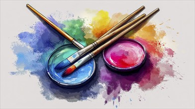 Vibrant palette with paintbrushes on colorful watercolor splashes, conveying creativity, AI