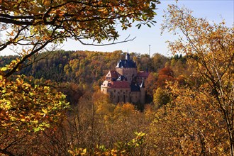 Kriebstein Castle rises on a steep rock above the Zschopau. Within the large group of hilltop