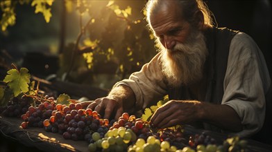 Weathered vintner inspects his wine grape harvest in the vineyard. generative AI