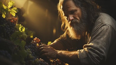 Weathered vintner inspects his wine grape harvest in the vineyard. generative AI