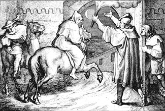 Martin Luther leaves Augsburg on horseback, city gate, night, riding, torch, secret, religion, 16th