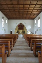 Pews, back choir room, Protestant St. Andrew's Church, sacred building, Eningen unter Achalm,