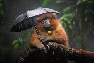 Titi monkey on a branch with a rain umbrella under a heavy shower in the rainforest, AI Generated