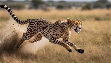 A cheetah (Acinonyx jubatus) running at full speed, AI generated