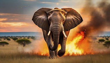 Climate change, global warming, bush fires, an African elephant flees from a fire in the African