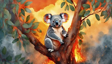 Climate change, global warming, bushfires, a koala in Australia sitting on a burning eucalyptus