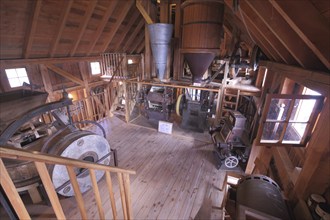 Interior view of the historic Rhine ship mill with mill wheel and silo, ship mill, mill, Rhine,