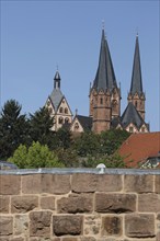 View from the Imperial Palace to St. Mary's Church, church towers, spires, townscape, Gelnhausen,