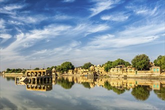 Indian tourist landmark Gadi Sagar, artificial lake. Jaisalmer, Rajasthan, India, Asia