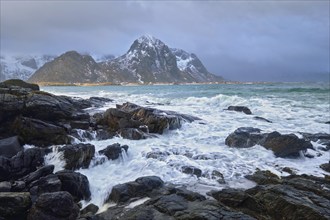 Waves crushing on rocks on rocky coast of fjord of Norwegian sea in winter. Lofoten islands,