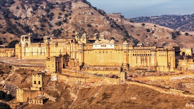 Panorama of famous Rajasthan indian landmark, Amer (Amber) fort, Jaipur, Rajasthan, India, Asia