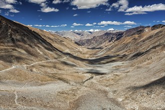 View of Karakoram range and road in valley from Kardung La, the highest motorable pass in the world