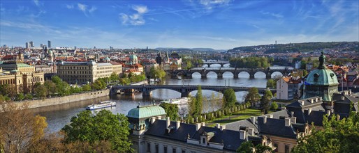 Panoramic view of bridges over Vltava river from Letni Park. Prague, Czech Republic. Stitched