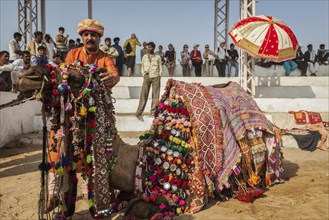 PUSHKAR, INDIA, NOVEMBER 22, 2012: Man decorating his camel for camel decoration contest at Pushkar