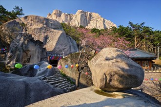 SEORAKSAN, SOUTH KOREA, APRIL 15, 2017: Kyejoam Seokgul Hermitage shrine and Ulsanbawi rock in