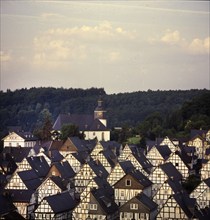 The picturesque town centre, here on 24.07.1991, of Freudenberg in the early morning, Germany,