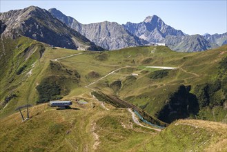 View from the Fellhornbahn summit station to the Kanzelwandbahn summit station and Allgäu Alps,