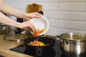 Closeup view of female hand puts chopped vegetables in a frying pan. Process of preparation of