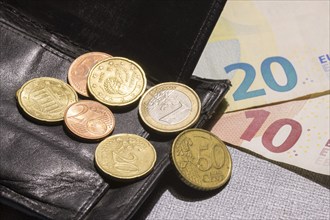 Wallet with coins and notes, euro, Germany, Europe