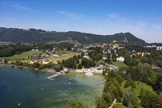 Drone shot, panorama shot, lido, Altmünster am Lake Traun, Gmunden, Lake Traun, Salzkammergut,