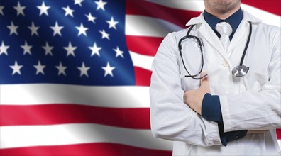 Doctor with stethoscope on USA flag. Doctor with arms crossed on USA flag, Health and care with the