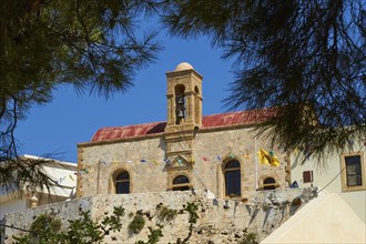 Church, bell tower, red roof, branches, Chrissoskalitissa, rock monastery, Orthodox monastery,