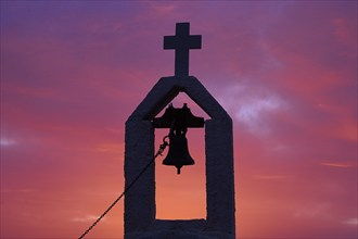 Dawn, sunrise, Rodopou Peninsula, Small Chapel, Bell Tower with Cross, detail, silhouette, red