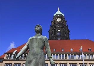 Trümmerfrau Monument in front of the Town Hall, The New Town Hall in Dresden, Saxony, Germany,