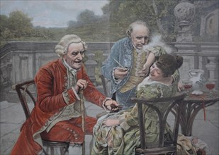 A distinguished company on a Sunday afternoon, a man blowing pipe smoke into a woman's face. Colour