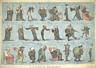 The Clerical Alphabet, Twenty-three clergymen in various attitudes illustrating a satirical