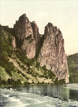 Rheingrafenstein, a 136 m high porphyry rock formation on the Nahe River opposite Bad Münster am