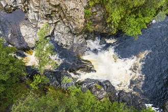 Top Down over Falls of Falloch from a drone, Waterfall on River Falloch, Crianlarich, Stirling,