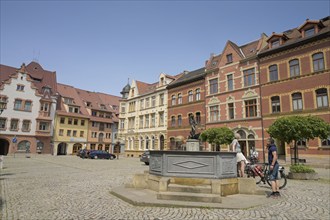 Market fountain of St Margaret, old buildings, market square, old town, Kahla, Thuringia, Germany,