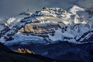 Himalayas snowcapped summit mountains in snow. Near Dhankar, Spiti Valley, Himachal Pradesh, India,