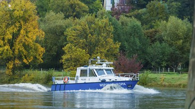 Patrol boat of the water police on the Elbe in Dresden Blasewitz. The Water Police is an